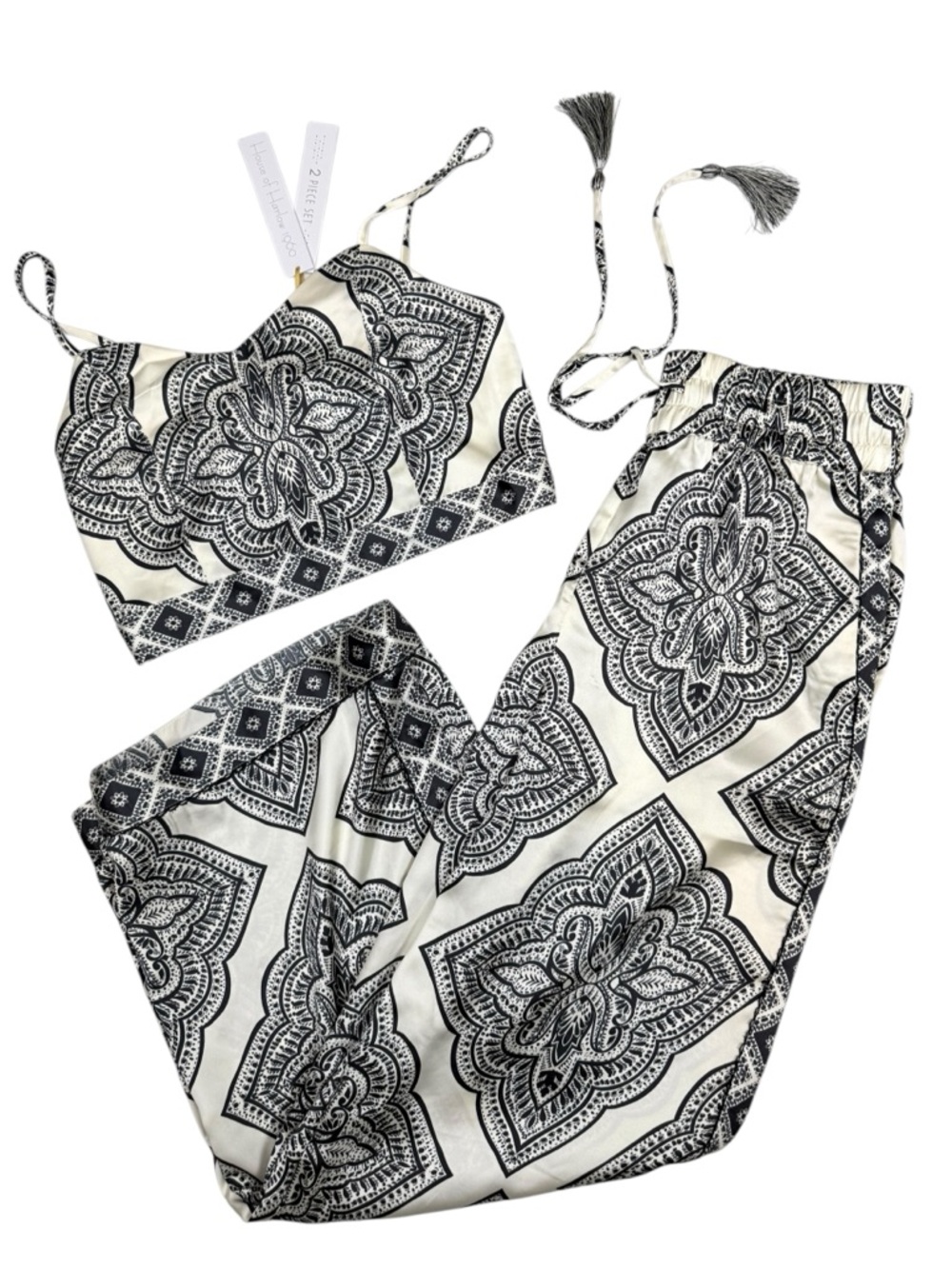 House of Harlow 1960 Boho 2 Piece Set Silk Feel Crop Top Wide Leg Pants Medium